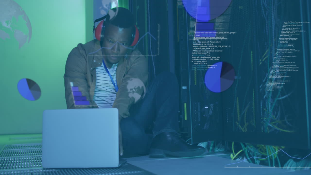 Animation of data processing over african american it man by computer servers