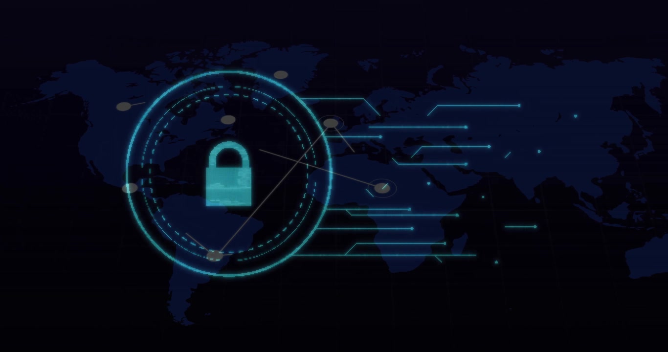 Animated Digital World Map with Padlock Icon for Cyber Security