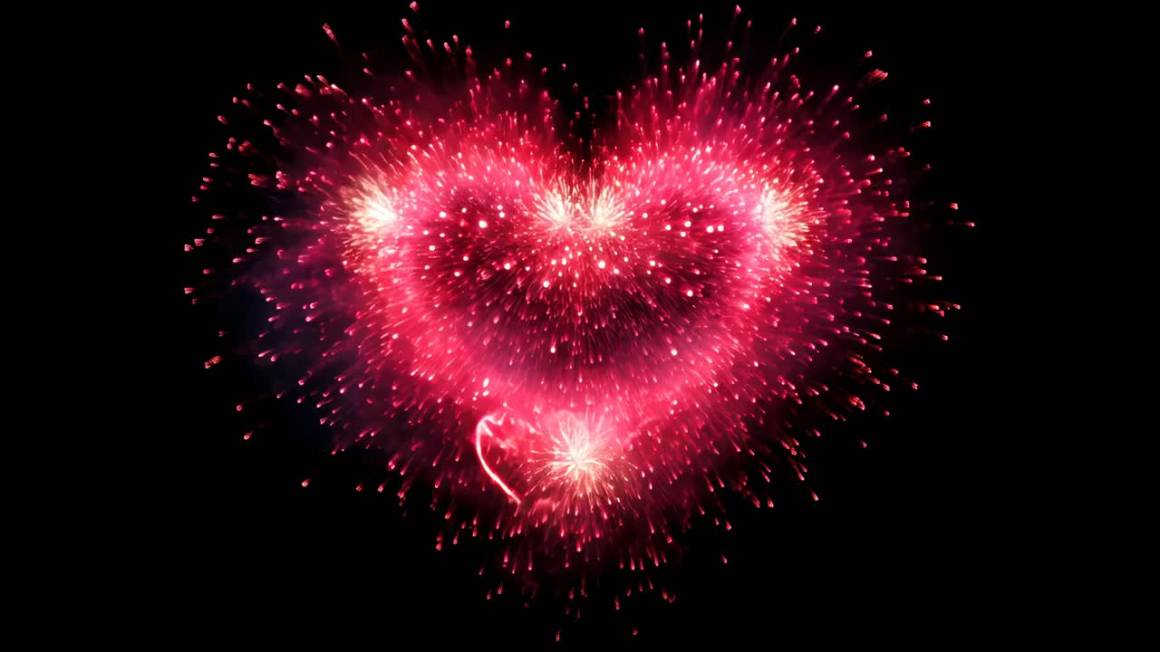 Aerial view of vibrant heart-shaped fireworks against a dark sky, creating a romantic