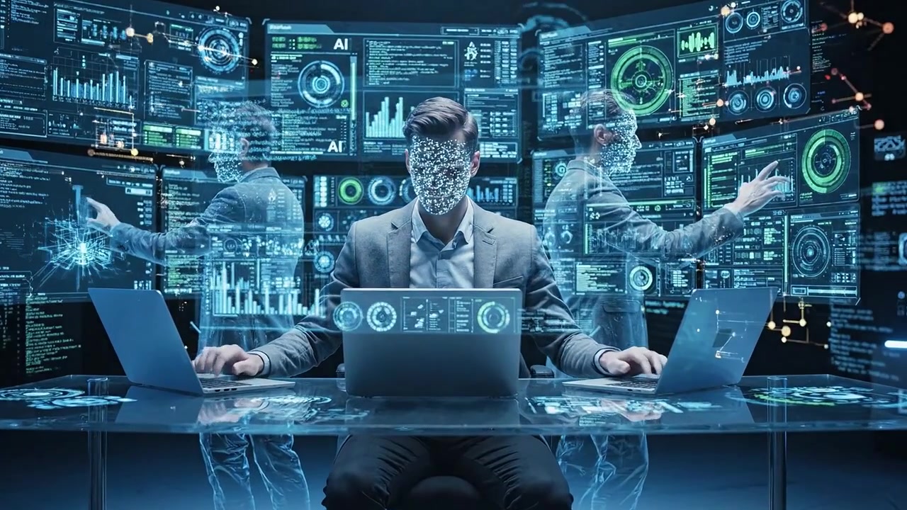 A data analyst utilizes advanced technology to interact with futuristic holographic interfaces while analyzing complex data visualizations in a dark room.