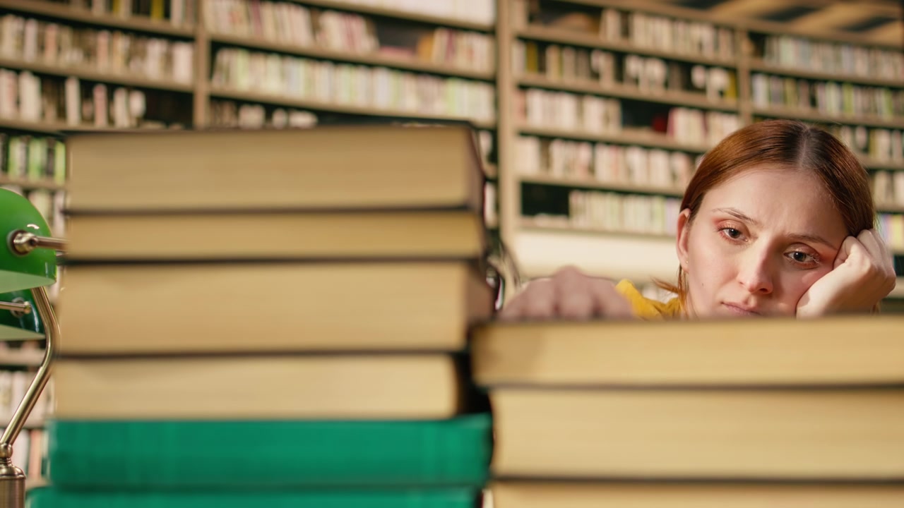 Überforderte junge Frau hält ihren Kopf neben einem hohen Bücherstapel.