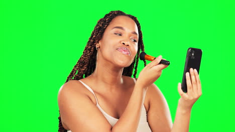 Woman,-selfie-and-makeup-brush-on-green-screen