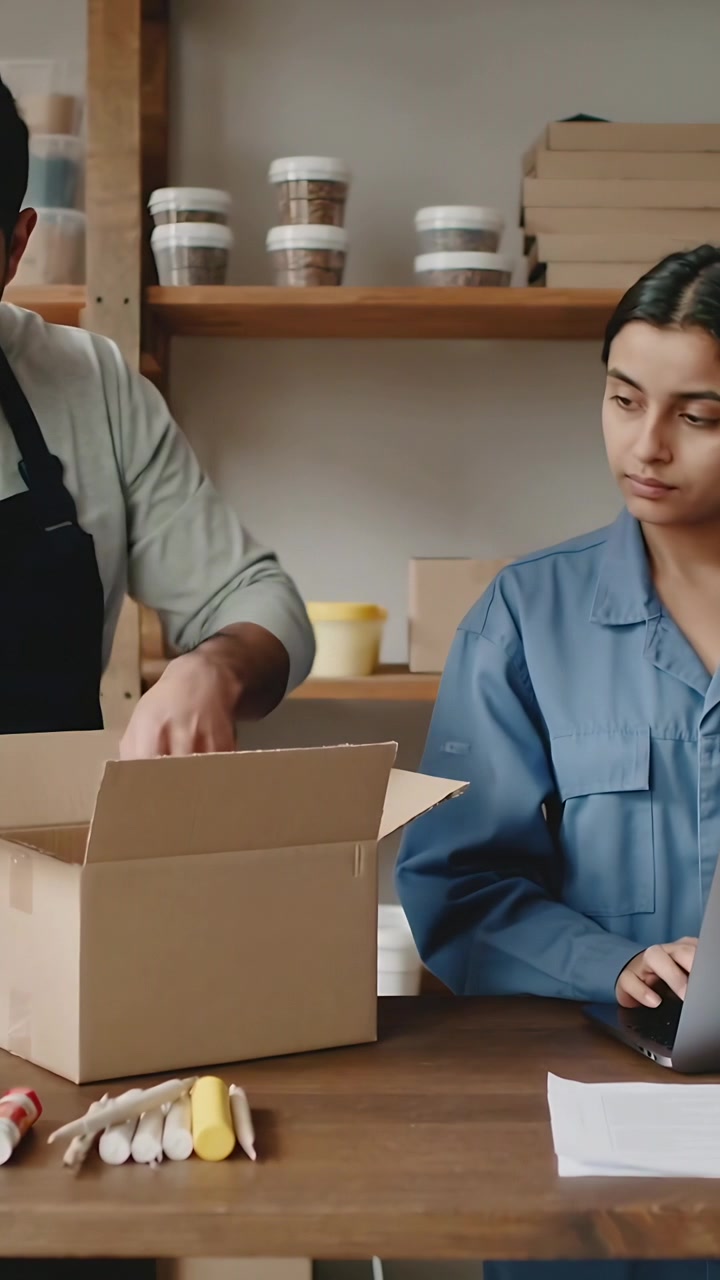 Video vertical: Colocando rollo de cinta, hombre con delantal llenando caja para pedidos mientras mujer teclea en portátil.