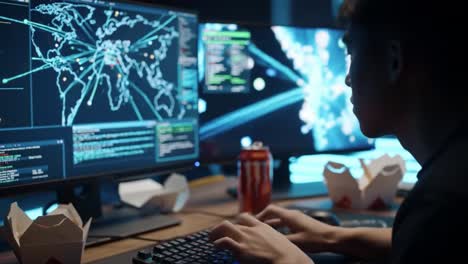 a focused programmer analyzing data visualizations on multiple monitors in a high-tech environment, surrounded by takeout containers and energy drinks