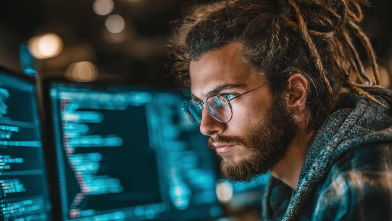 Focused Developer Analyzing Code on Multiple Screens in a Dimly Lit Workspace, Immersed in Programming Tasks with Complex Algorithms Displayed on Monitors