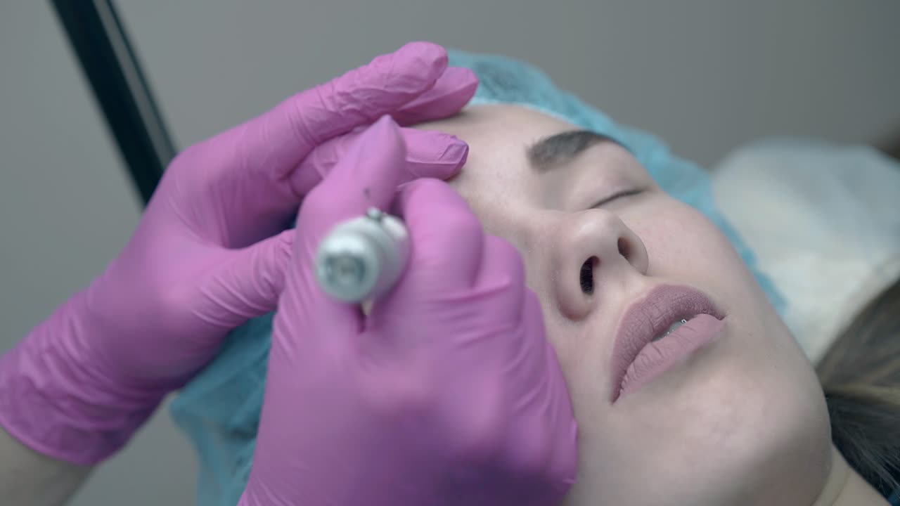 specialist hands in sterile gloves color girl eyebrow