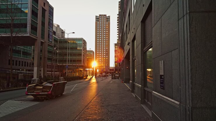 Europäische moderne Großstadt in den Niederlanden in Den Haag mit Gebäuden und Wolkenkratzern in der goldenen Stunde am frühen Abend mit direktem Sonnenlicht, Sonnenstrahlen der untergehenden Sonne vor Sonnenuntergang, breite Aufnahme aus niedrigem Winkel