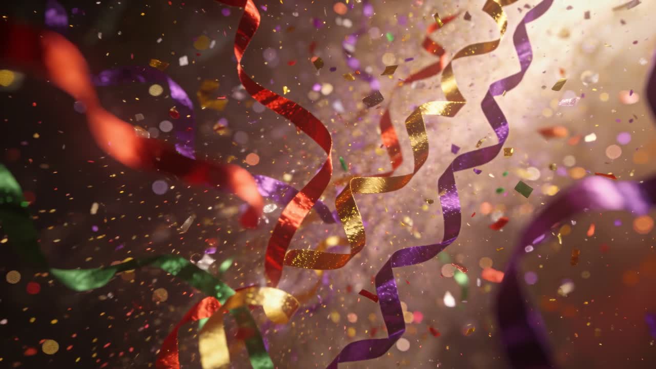 Coriandoli che si disperdono, con stelle filanti colorate e pezzi metallici che ondeggiano in un primo piano festivo.