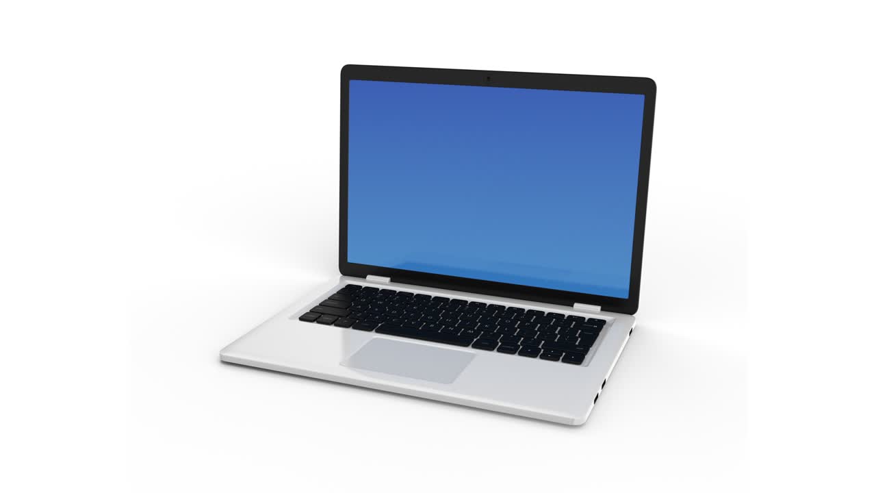 portátil moderno con una pantalla azul en blanco aislada sobre un fondo blanco. portátil que aparece y desaparece. plantilla 4k, maqueta.