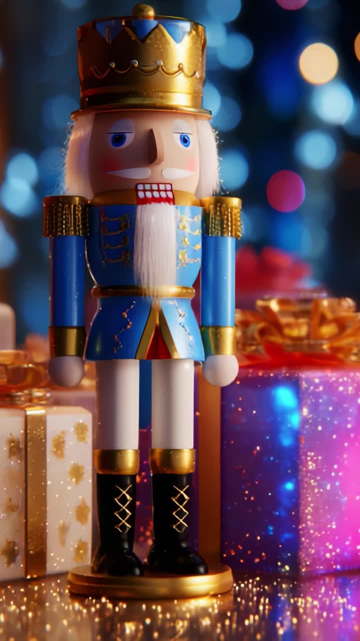 A charming nutcracker stands proudly amidst beautifully wrapped colorful presents, creating a festive atmosphere filled with twinkling lights and holiday cheer, perfect for decorating any home during the holiday season