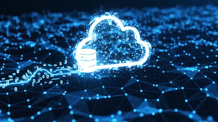 Dynamic Visual Representation of Cloud Computing Data Connectivity with Abstract Network Design and Illuminated Cloud Symbolizing Modern Technology
