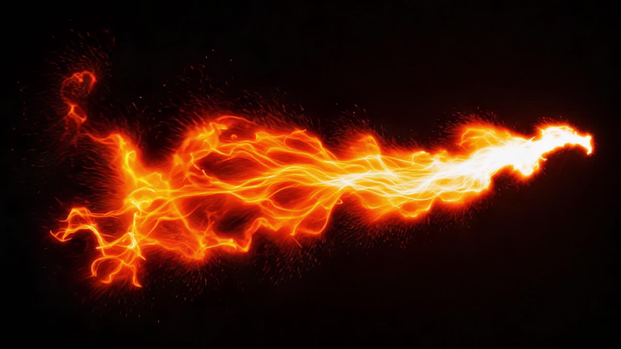 Dynamic Transition of Fiery Energy Stream – Capturing the Intense Movement and Brightness of Flowing Flames against a Dark Background