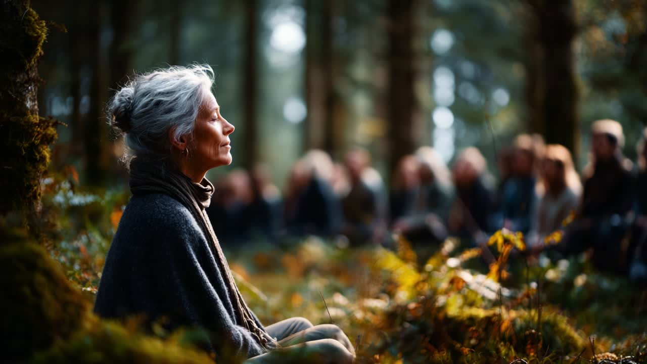 A serene gathering in the woods, featuring a contemplative woman as the focal point, immersed in nature and mindfulness while surrounded by a tranquil audience listening intently