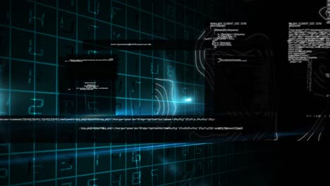 digital animation of data processing against topography and spot of light on black background