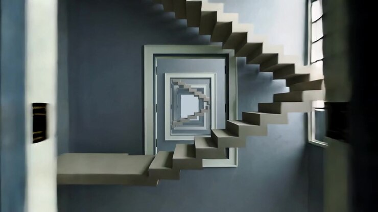 Pushing camera forward revealing nested frames and zigzag stairs in loft, showing particles
