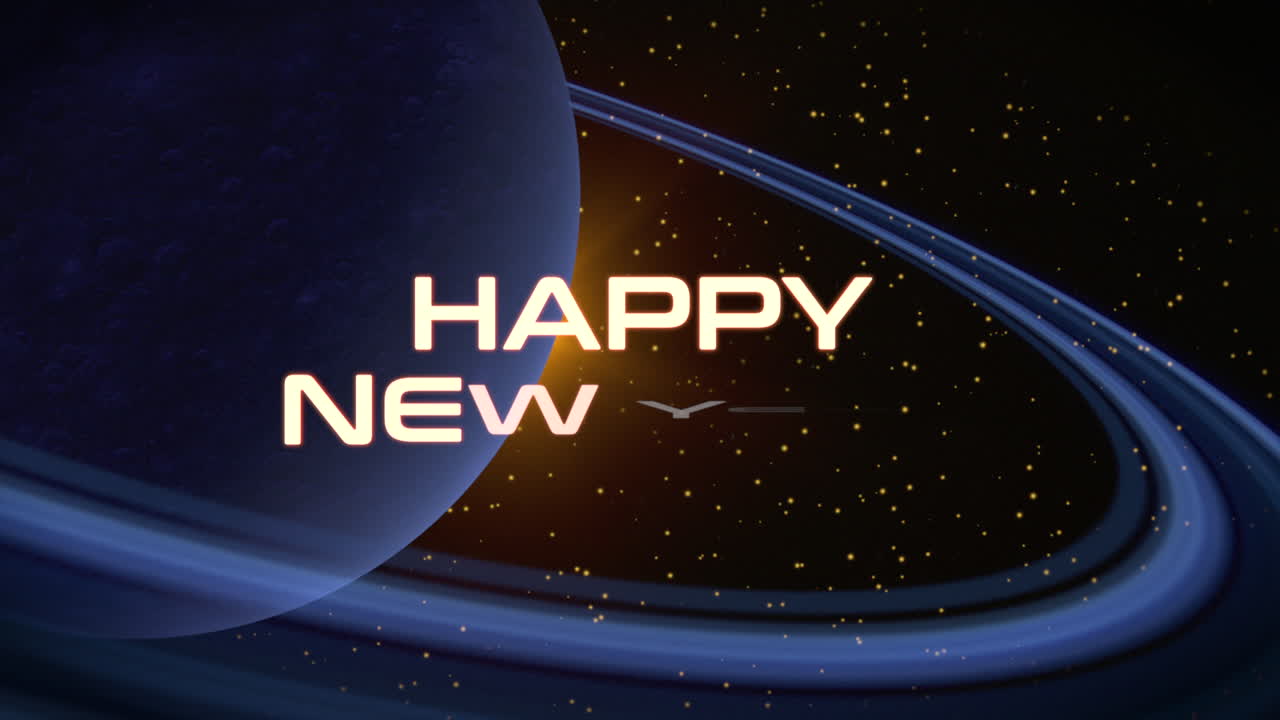 Happy New Year text with planet and stars in black galaxy