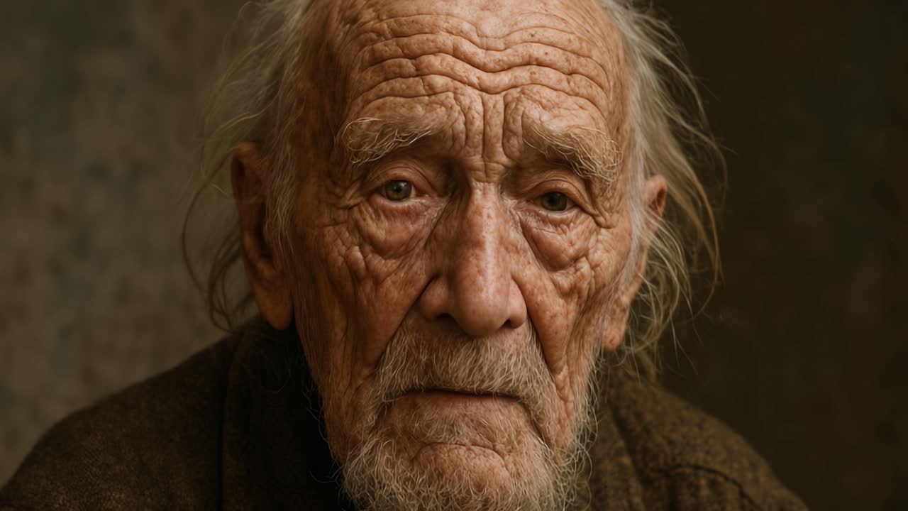 An elderly man is shown with deeply etched wrinkles that tell stories of his past. His expressive eyes reflect a lifetime of experiences and emotions. The background is softly blurred, bringing focus to his face and capturing the intricate details of his skin. This powerful portrayal invites viewers