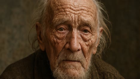 an elderly man is shown with deeply etched wrinkles that tell stories of his past. his expressive eyes reflect a lifetime of experiences and emotions. the background is softly blurred, bringing focus to his face and capturing the intricate details of his skin. this powerful portrayal invites viewers
