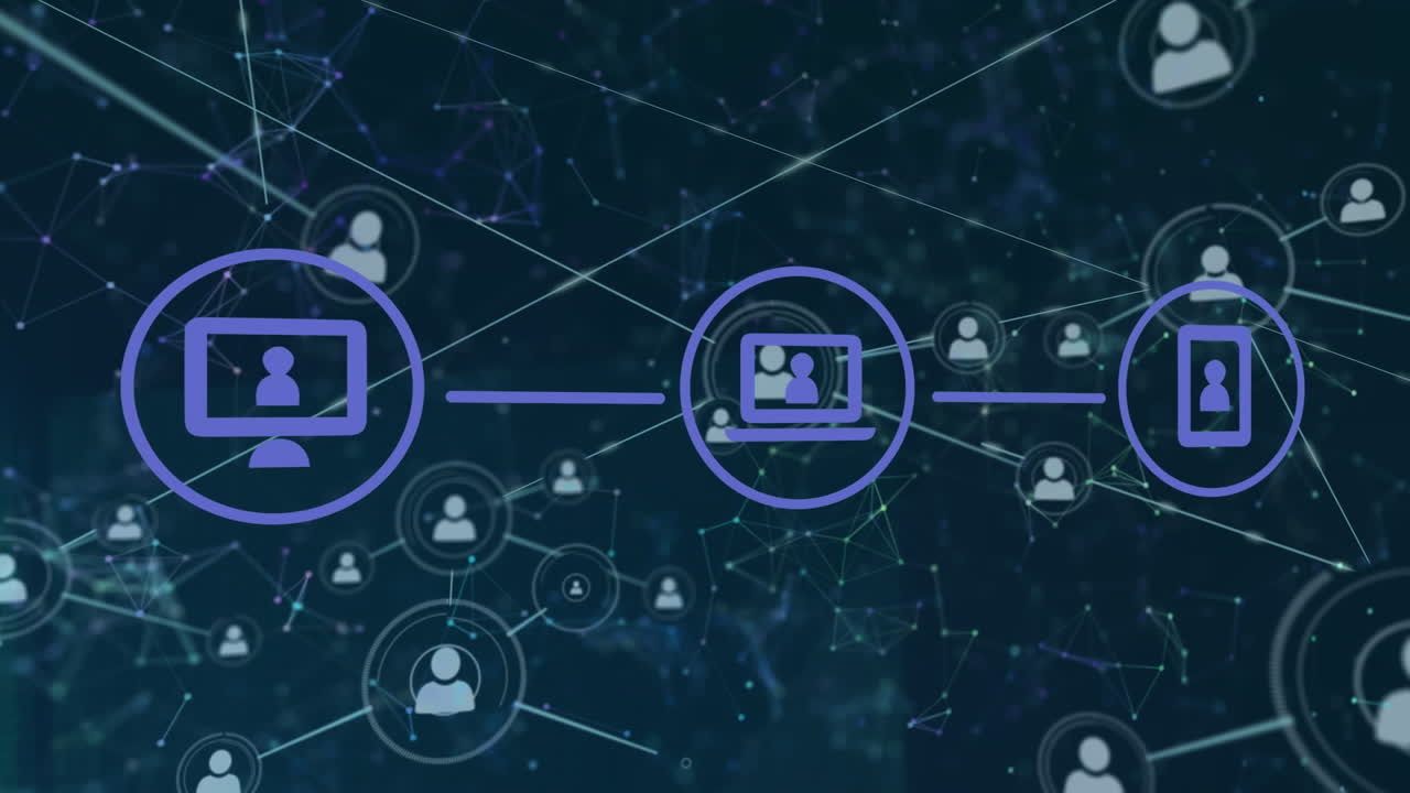 animación de iconos tecnológicos y red de conexiones sobre fondo naval