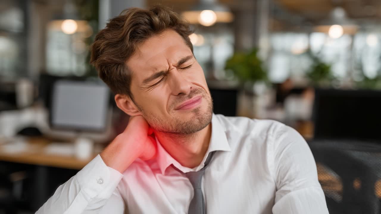Alle prese con il disagio: un professionista in un ufficio mostra segni di dolore al collo e stress, cercando sollievo in un moderno ambiente di lavoro