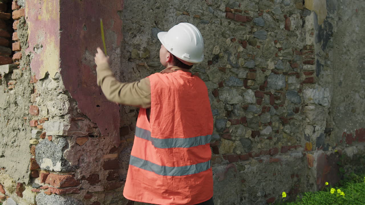 Engineer Measuring The Height Of An Old Wall To Rebuild