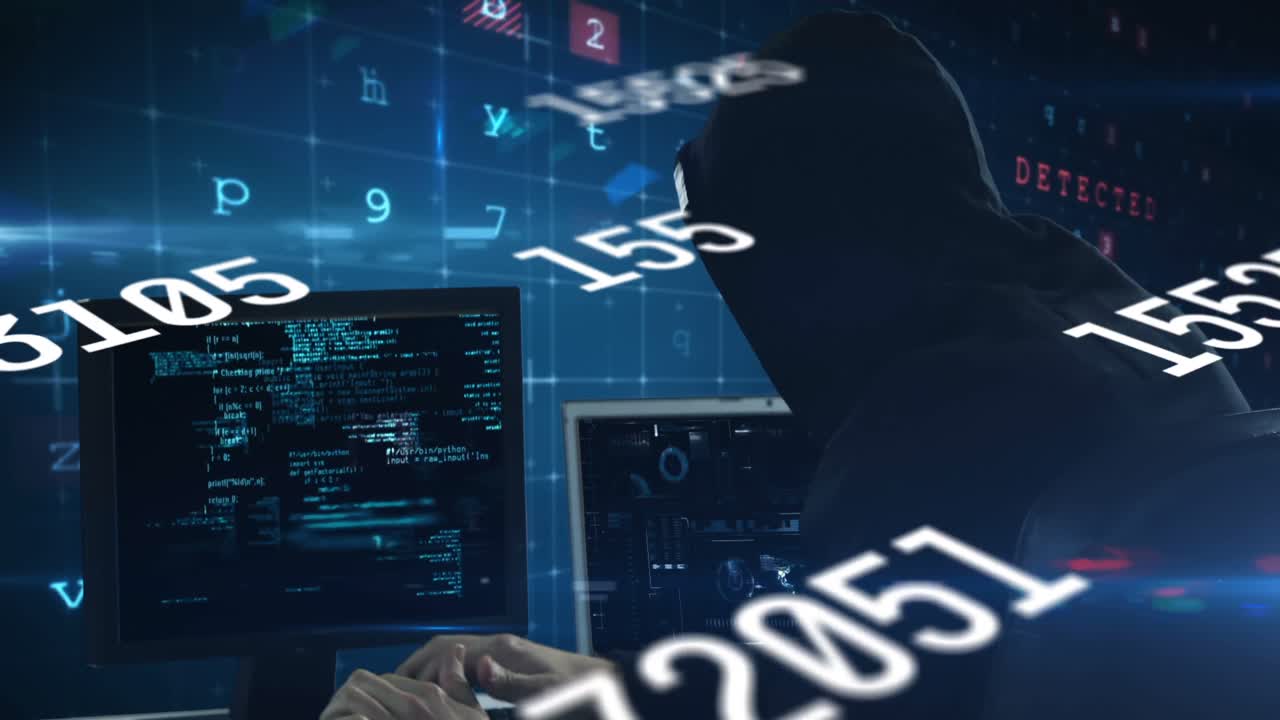 animación del procesamiento de datos sobre el hacker caucásico usando computadora