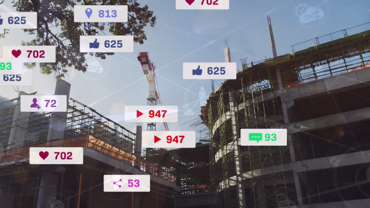 건물 현장 위에 미디어 아이콘으로 연결된 네트워크의 애니메이션