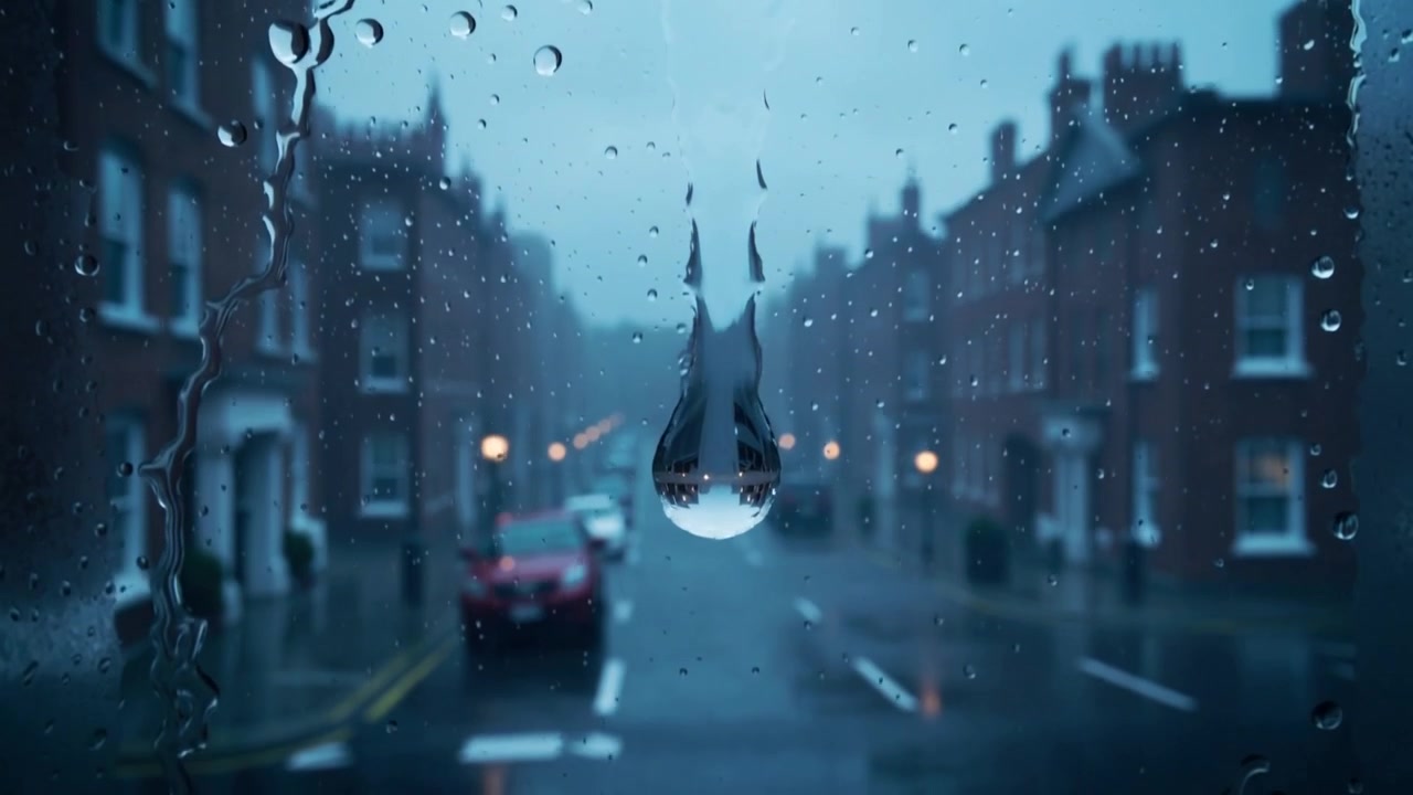 Regen speist einen zentralen Regentropfen, der wächst und an einer Fensterscheibe an einer engen Straße heruntergleitet, mit einem roten Auto.