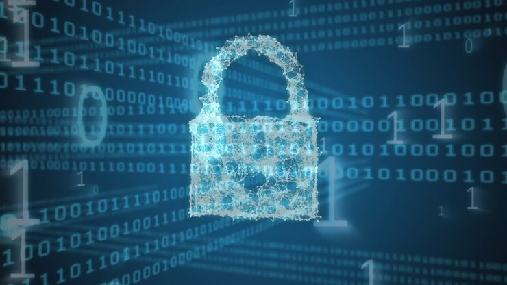 Composite digitale di un lucchetto cyber e del sistema binario