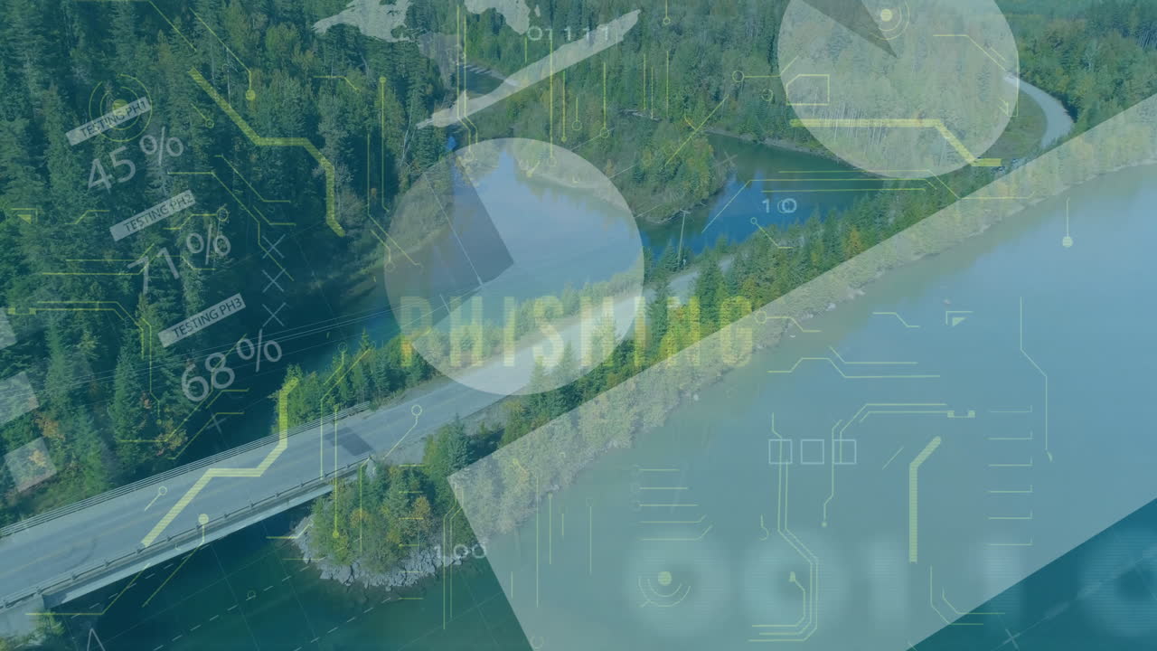 Phishing text and data analytics animation over aerial view of forested river