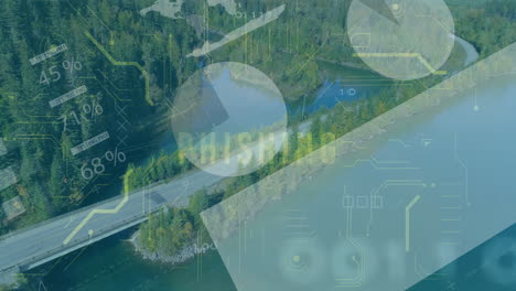 Phishing text and data analytics animation over aerial view of forested river