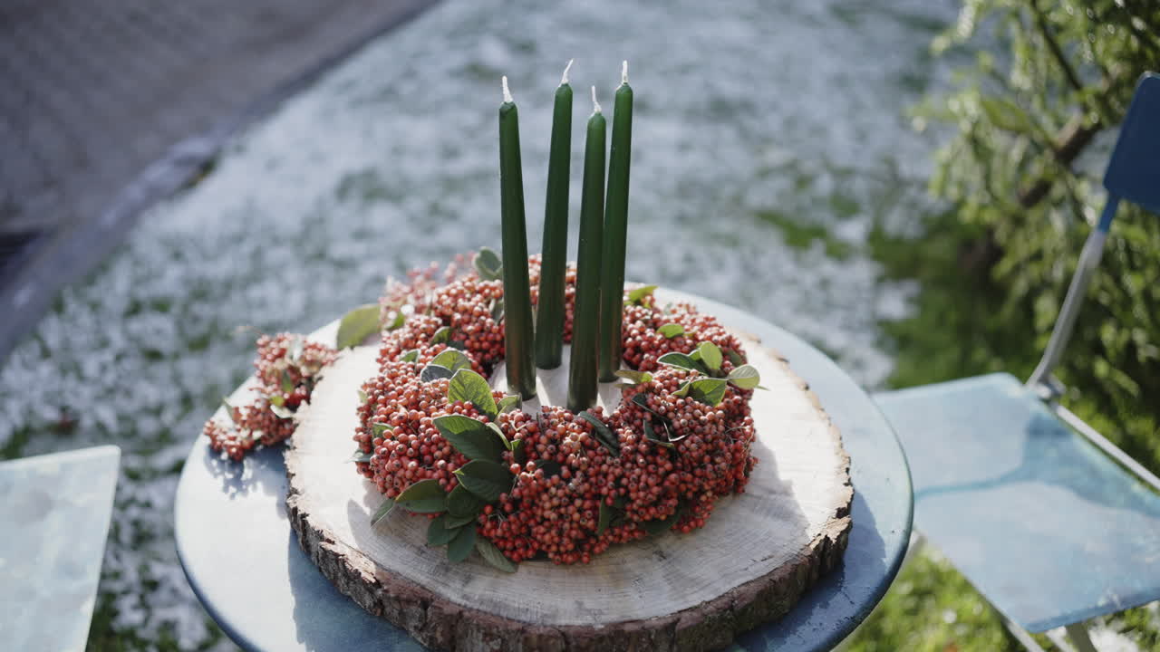 Rustic Winter Candle Wreath on Wooden Slice