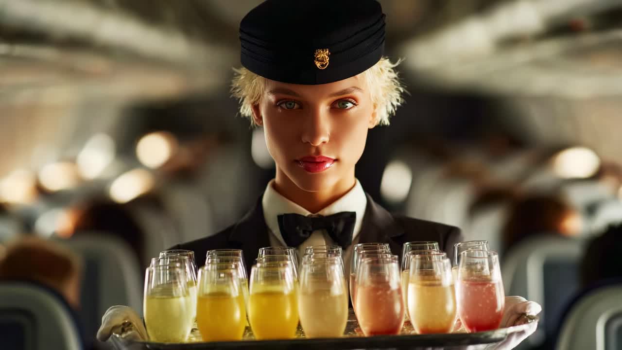 A confident flight attendant serving a selection of colorful beverages to passengers in an airplane cabin, embodying excellence in air travel service and hospitality