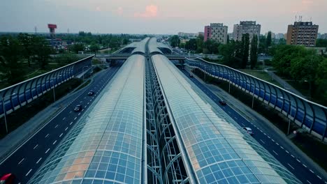 Aerial-view-on-a-glass-tunnel-on-a-motorway