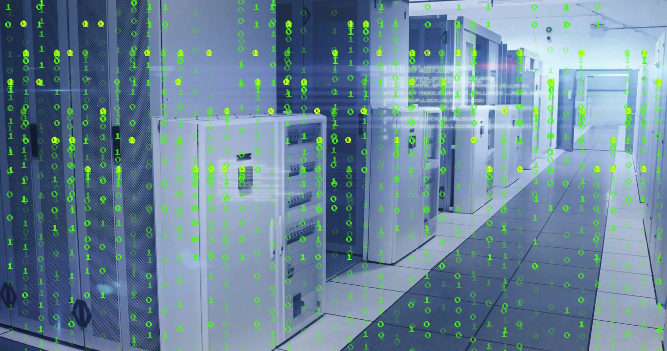 Binary overlay emerging over server cabinets starting code streams thinning revealing far exit