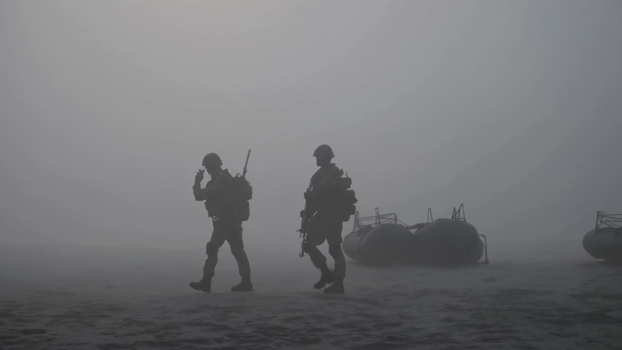 Military tactical team navigating misty beach landscape after disembarking from inflatable raft, moving with strategic precision amid dramatic gray atmospheric conditions