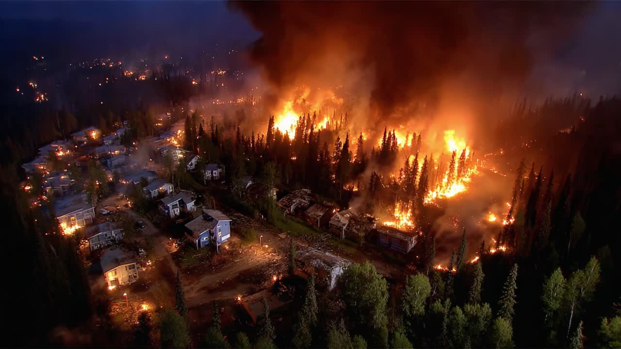 Veduta aerea drammatica di un devastante incendio che illumina una foresta e una vicina area residenziale di notte, con fiamme e fumo che si alzano verso il cielo