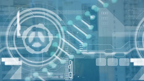 Animation-of-scope-scanning-and-dna-strand-over-cityscape
