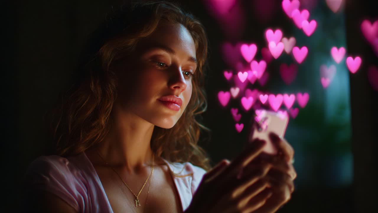 A young woman gazes thoughtfully at her smartphone, surrounded by an enchanting display of pink hearts, illustrating feelings of affection, connection, and romance in a beautifully lit setting