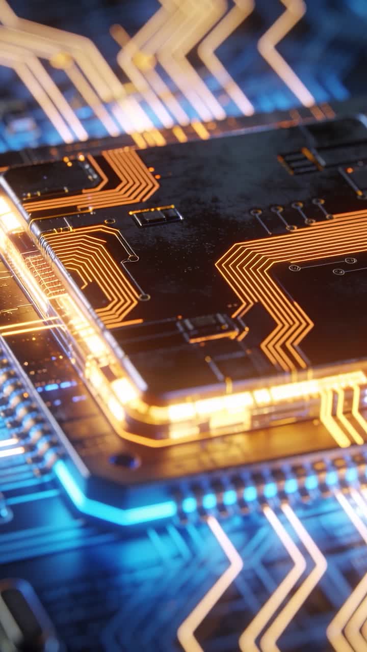 Vertikal video: Chip undergår langsom kamerazoom, ravfarvede spor lyser op for at vise PCB-signalflow