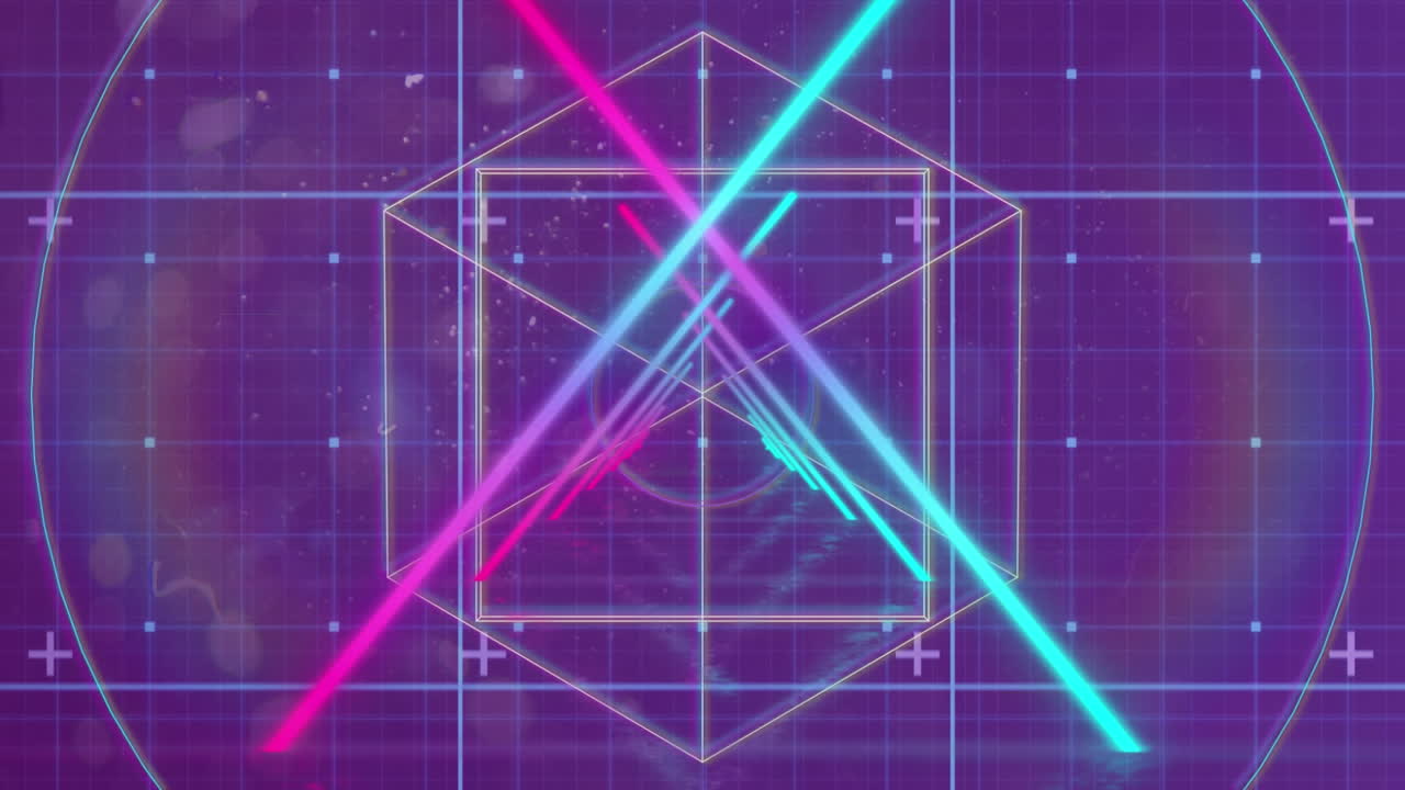 Animation of glowing neon stripes over geometric figures and spotlights on purple