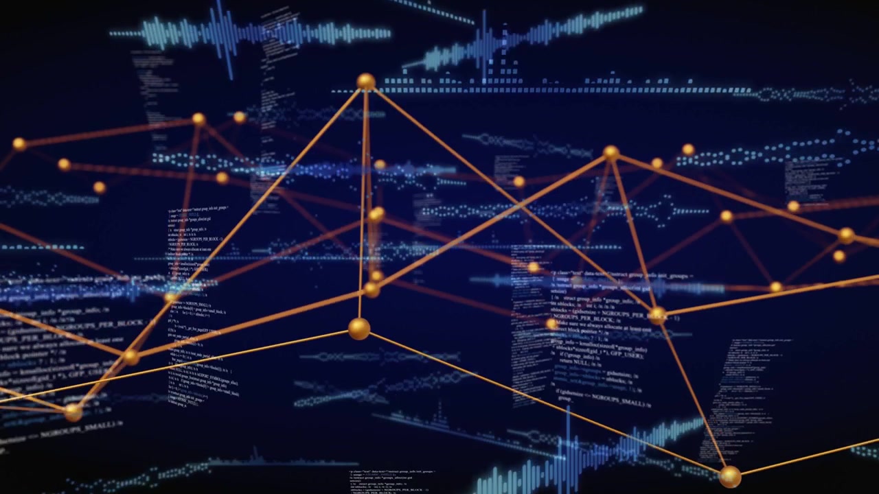 Starting on navy field, rotating orange network pulsing in 3D space with blue waves, mapping data