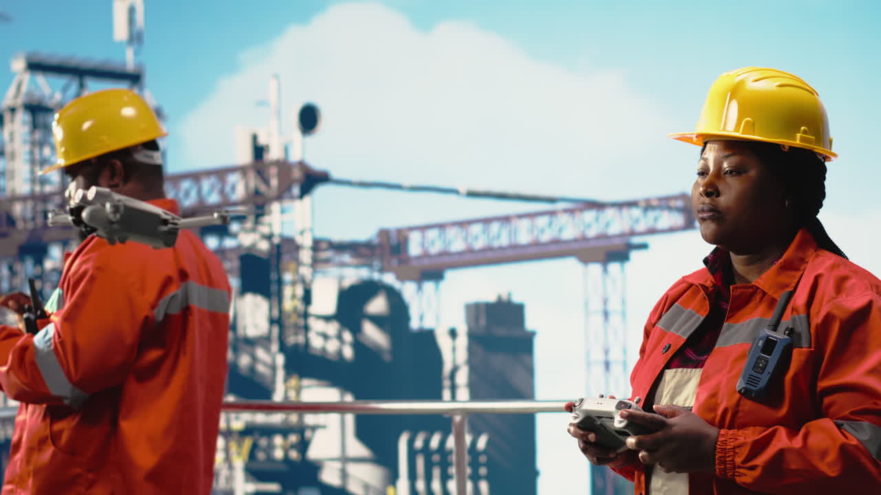 Vertikal video: Ingeniører fra boreplatformens mandskab styrer inspektionsdronen for at få et hurtigt overblik