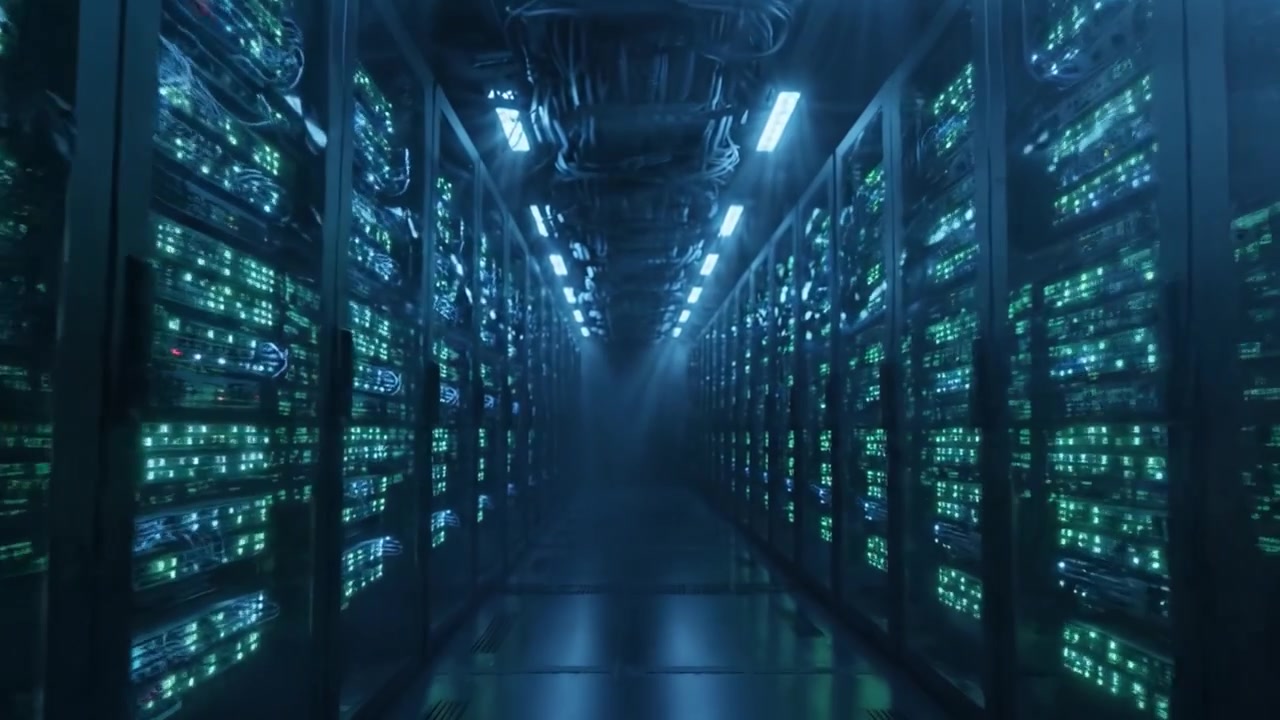 Exploring the Complex Network of Data Centers: A Futuristic Glimpse into the Heart of Modern Computing Infrastructure with Illuminated Server Racks and Fiber Optic Cables