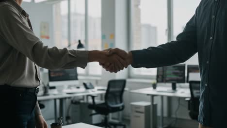 a professional partnership signified through a firm handshake in a modern office setting, reflecting collaboration and new ventures ahead