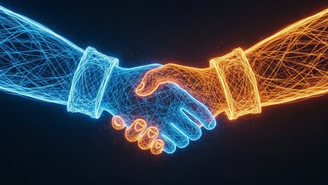 a symbolic representation of collaboration: the energetic fusion of two hands joining in a dynamic and vibrant handshake illustrating unity and partnership