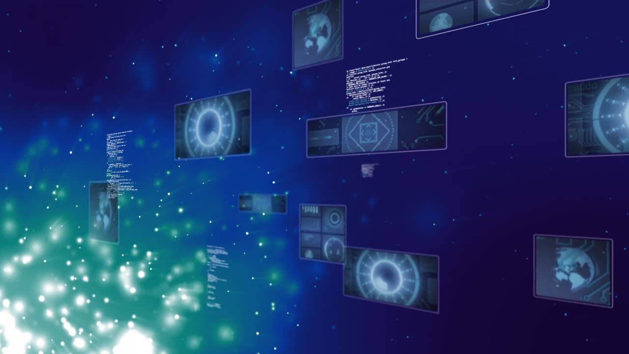 Animation of scopes scanning and data processing over screens on dark background