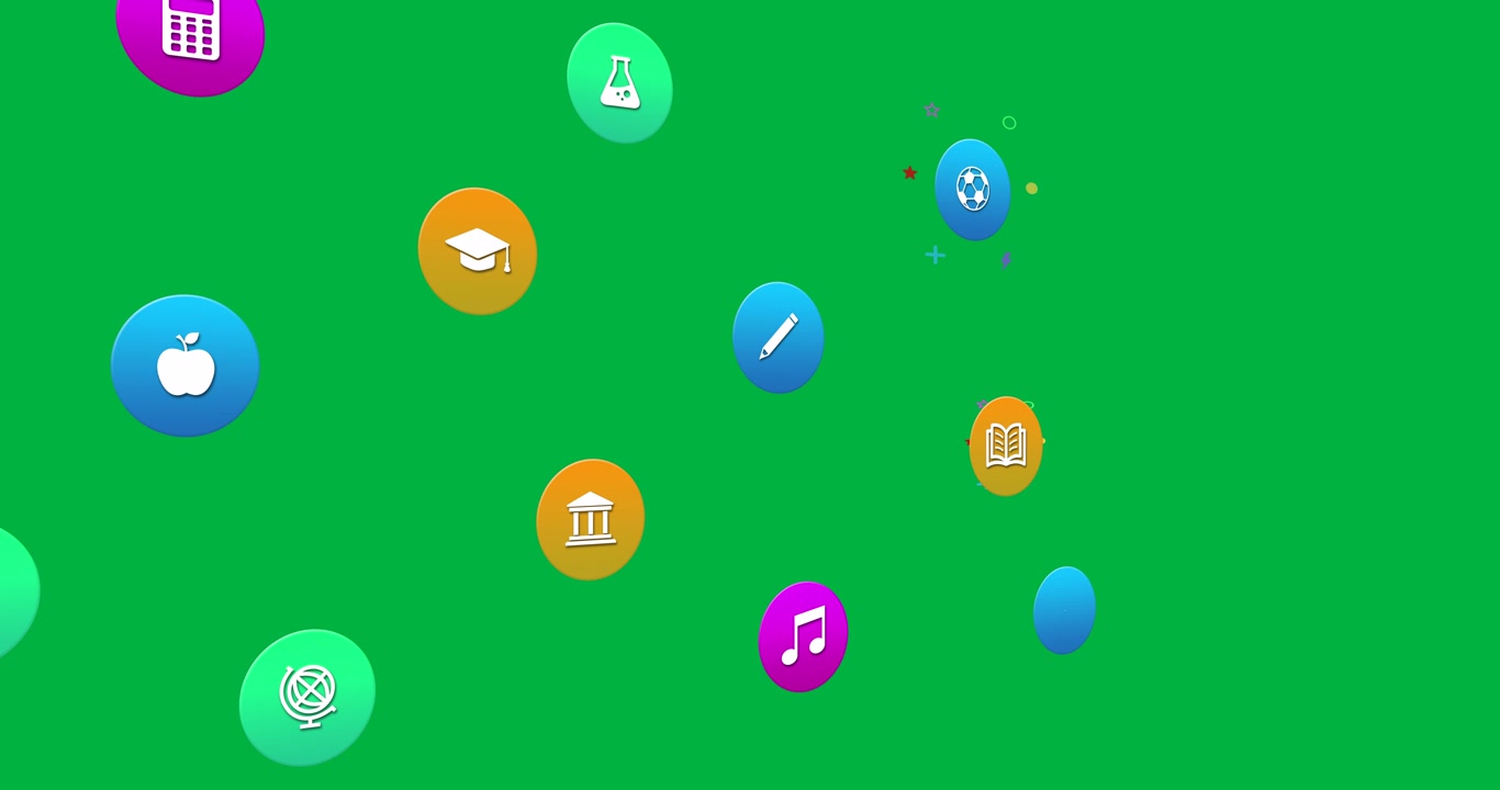 Animazione di icone educative che fluttuano su sfondo trasparente