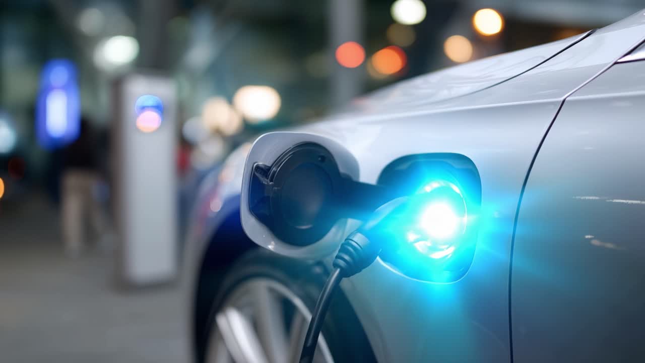 Parlayan Mavi Işık Eşliğinde Halka Açık Bir İstasyonda Elektrikli Araba Şarjı