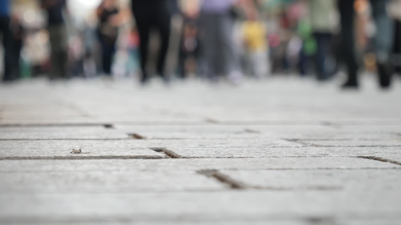 도시의 돌로 된 보행로를 고 있는 흐릿한 군중